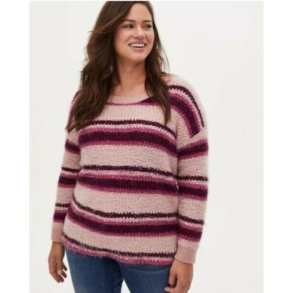 Torrid Womens Size 00 Medium Multi Stripe Sweater Drop Shoulder Fuzzy Pullover - Picture 3 of 7